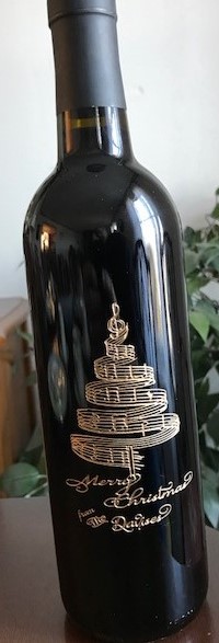christmas etching card on wine bottle.