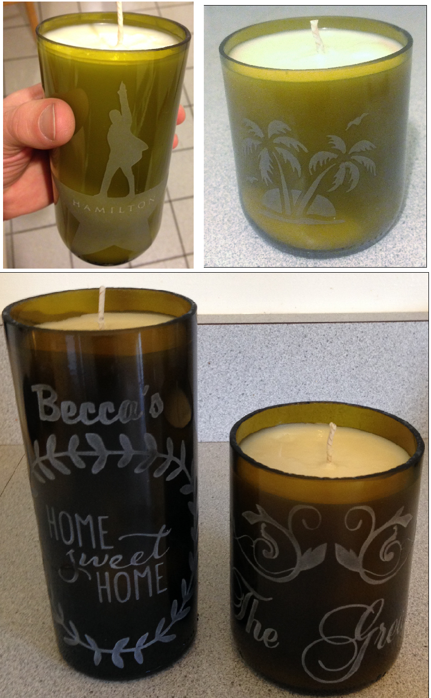 Idea of Cutting Wine Bottle, Sandblast Etching It & Turning it Into Candles